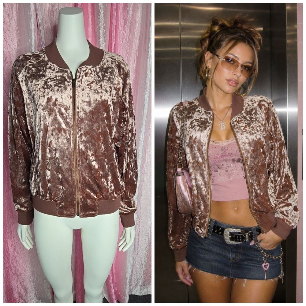 Mossimo Rose Y2K Crushed Velvet Bomber Zip Up Jacket Size Large